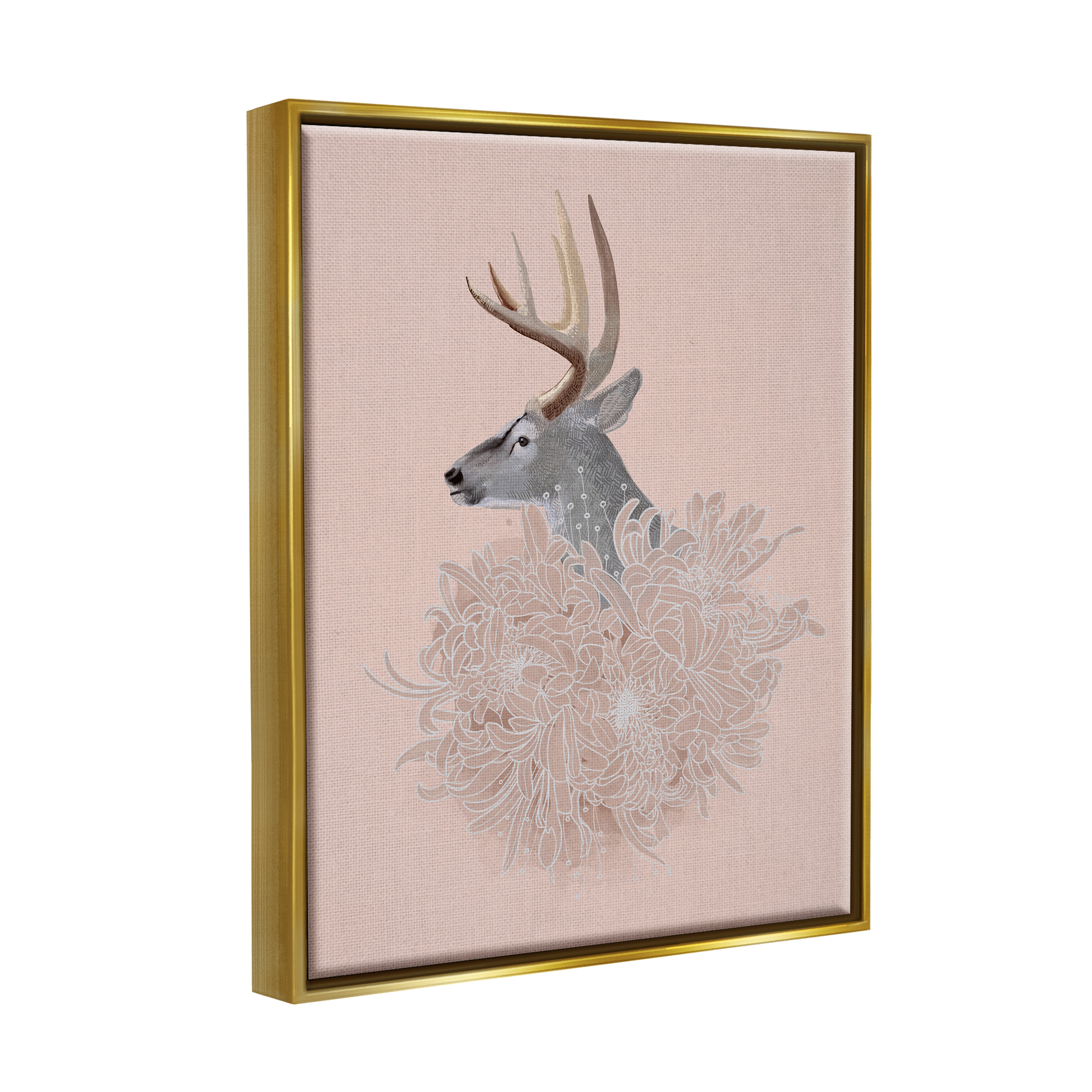 Stupell Industries Elk & Chrysanthemum Animals & Insects Painting Gold Floater Framed Canvas Art Print Wall Art, 17 x 21