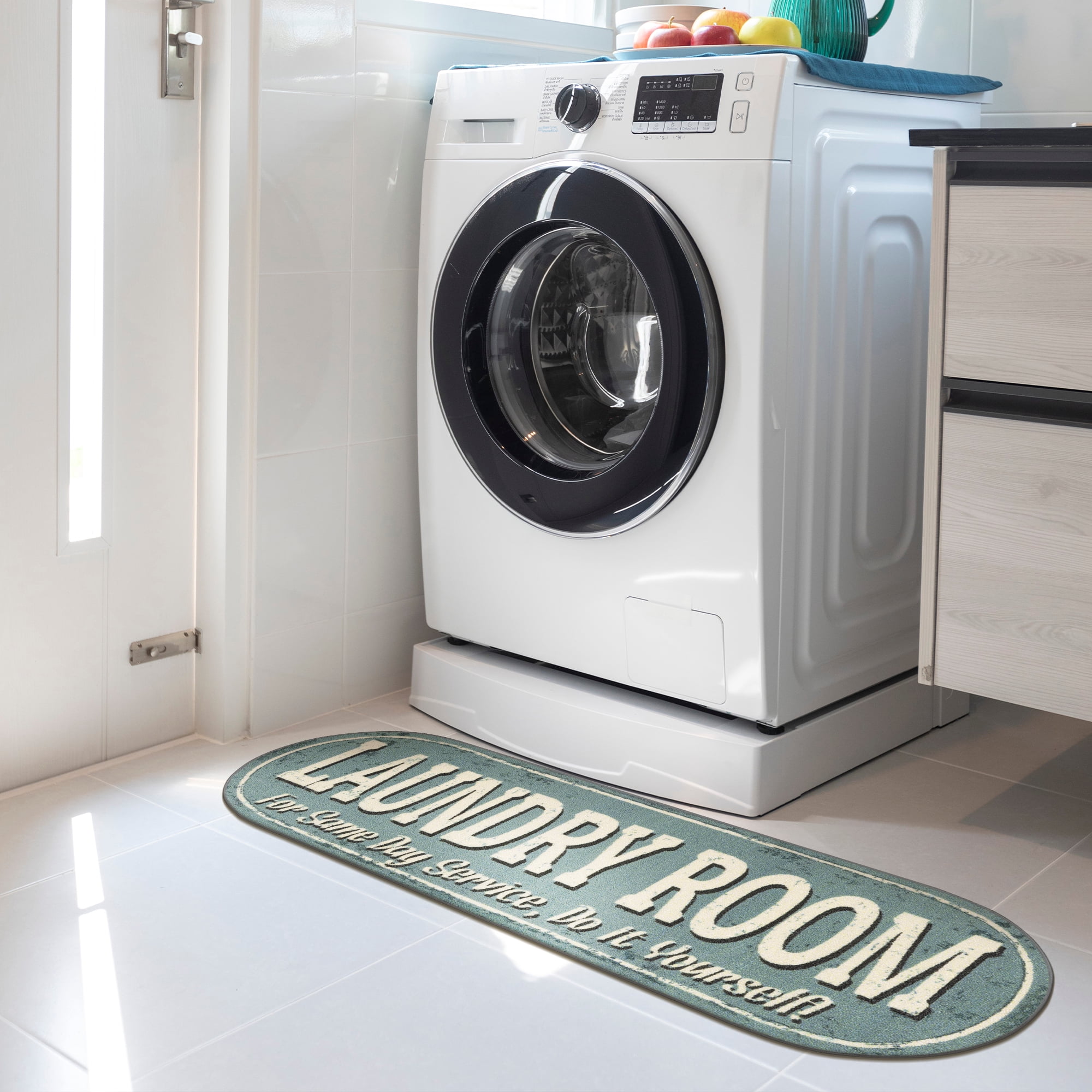 Ottomanson Non-Slip Rubberback Text 2x5 Laundry Room Runner Rug, 20" x 59" Oval, Baby Blue