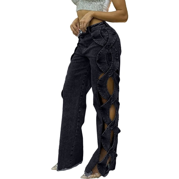 Women High Waisted Jeans Y2k Trendy Hollow Out Wide Straight Leg Cutout Baggy Jeans Black & Gray M
