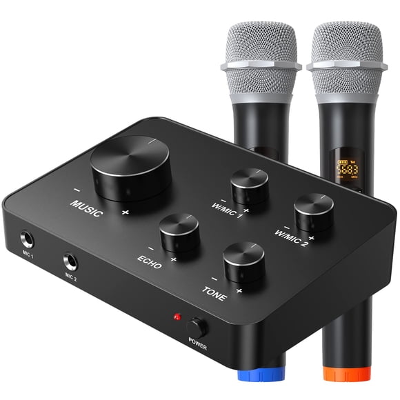 Rybozen Sistema mezclador de karaoke con micrófono inalámbrico, micrófono inalámbrico de mano dual para karaoke, Smart TV, PC, altavoz, amplificador, iglesia, boda - Compatible con HDMI, entrada/salid