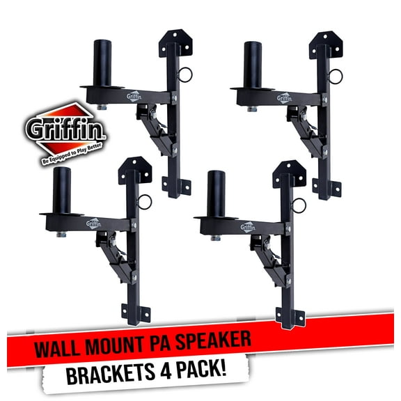 Wall Mount Brackets for PA Speakers (4 PACK) by GRIFFIN | Securing Locking Pin & 3-Level Tilt Adjustments | All-Steel DJ Studio Monitor Stands with 35mm Pole Holder for Pro-Audio