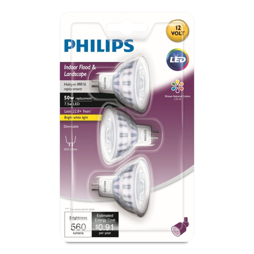Kleren Citroen professioneel Philips LED 50-Watt MR16 Floodlight Light Bulb, Bright white, Dimmable,  40-Degree Beam Spread Angle, GU5.3 Base (3-Pack) - Walmart.com