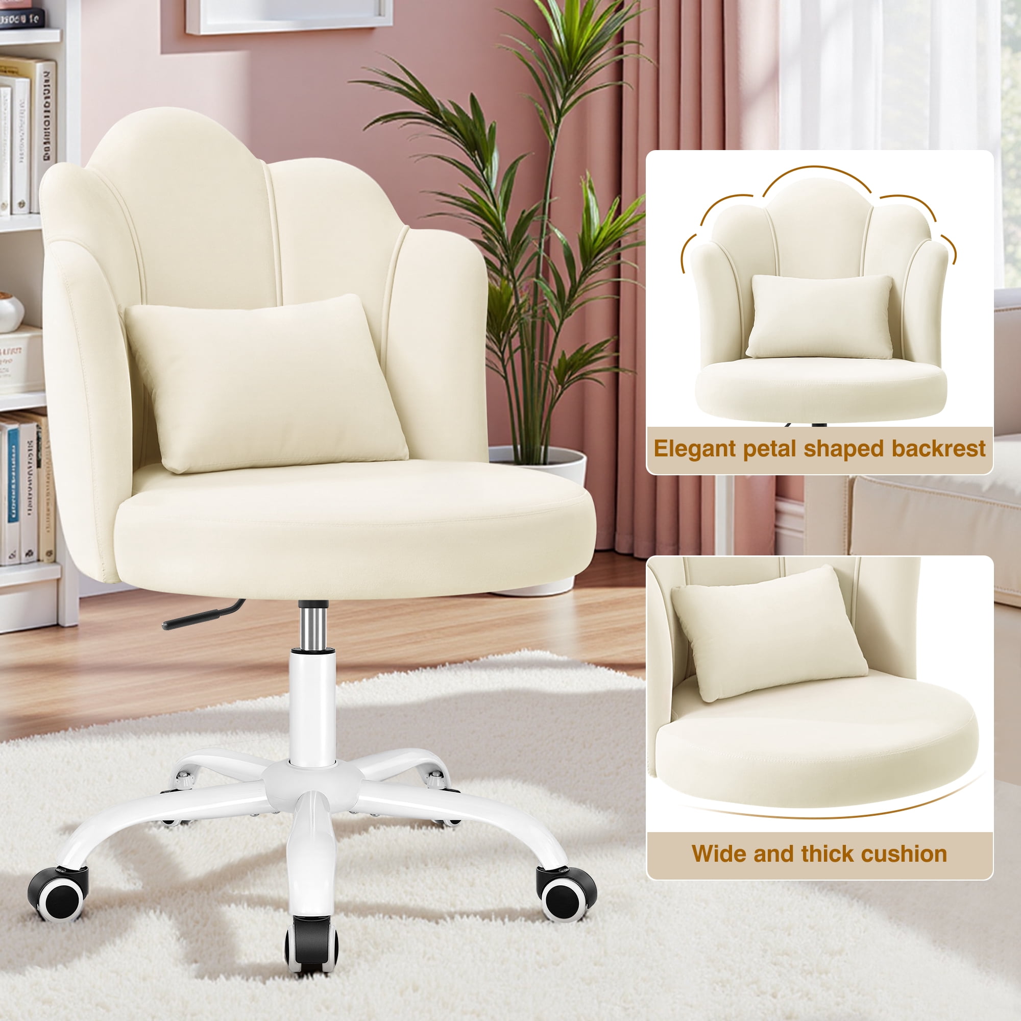 COOLHUT Vanity Chair, Velvet Petal Vanity Makeup Chair with Lumber Support, Home Office Desk Chair with Wheels, Height Adjustable Computer Work Chair for Bedroom, Living Room, Beige