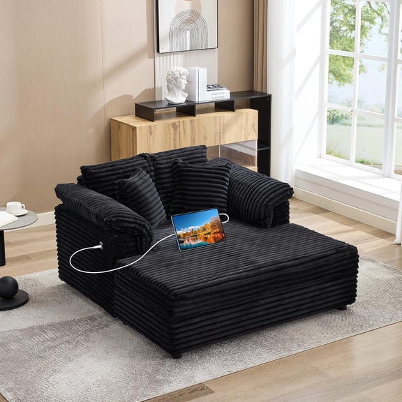 Oversized Chaise Lounge Chair Indoor Upholstered Sofa Bed with Throw Pillows and Armrests Comfy Corduroy Sleeper Couch with Cup Holders and Charging Port for Living Room Bedroom 60 Inch Wide Black
