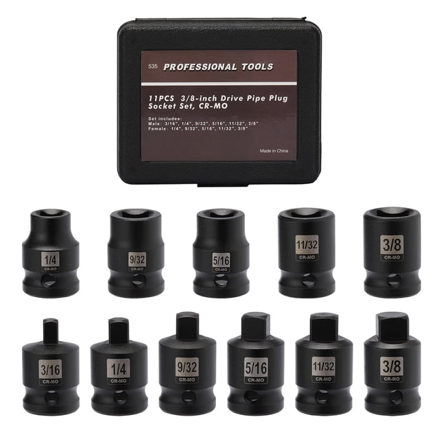 Mayouko 11PCS 3/8" Drive SAE Pipe Plug Socket Set, Tapered Male Square Drive, Chamfered Female Square Drive, CR-MO
