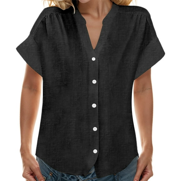 Gyexs Linen Shirt for Women 2025 Cotton Summer Tops Trendy Short Sleeve Casual Button V Neck Tunic Blouses Outfits X03-Black L