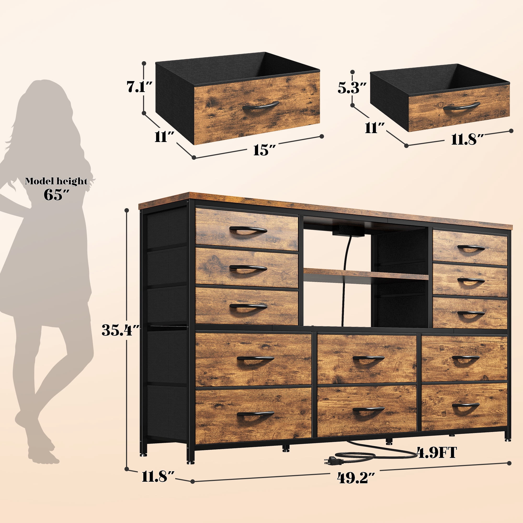 reibii TV Stand for 55'' TV Dresser for Bedroom,LED TV Stand with Storage 12 Fabric Drawers Dresser with Entertainment Center,Power Outlet,Rustic Brown