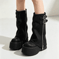 thumbnail image 3 of EKVAHL Women's Buckle Mid‑Calf Boots, Faux Leather Decorative Strap Moto Boots, Chunky Low Heel Round Toe Casual Boots Black, 3 of 4