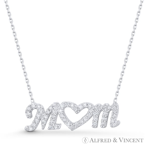 "Mom" Script & Heart Mother's Day Charm Cubic Zirconia CZ Crystal Pave Pendant in .925 Sterling Silver