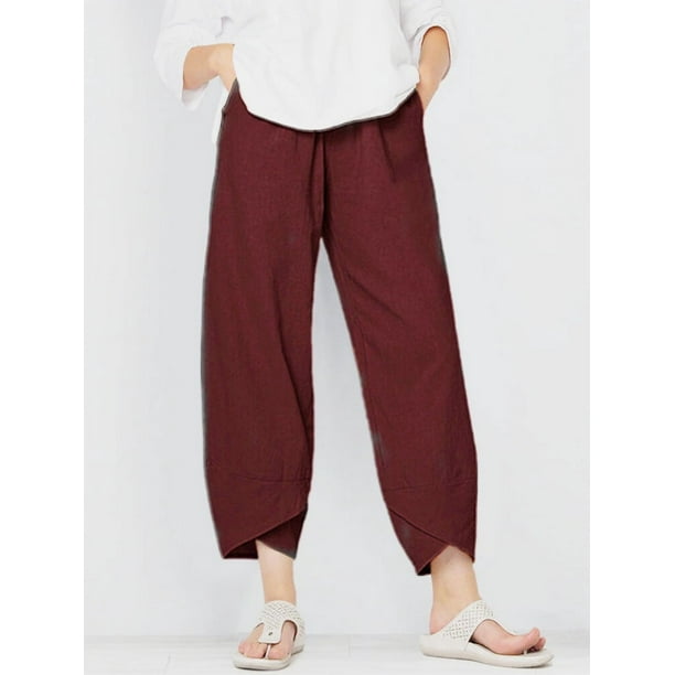 Pantalones casuales sueltos de lino y algodón con cintura elástica de primavera y verano para mujer