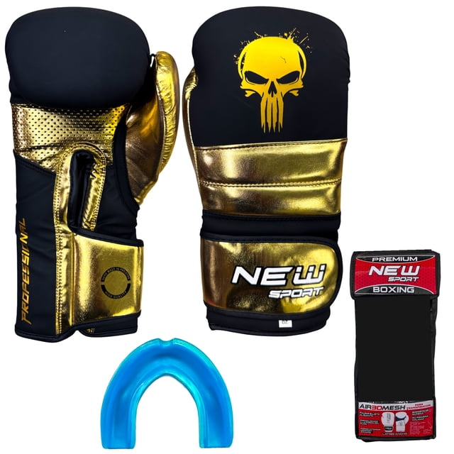 Guantes de Boxeo 14 Oz Onzas New Sport Kit con Protector Bucal Muay Thai Kick Boxing Mma Box con Malla Transpiracion Mod Split Oro