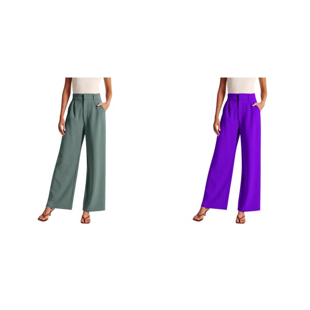 (2-Pack) Rinsvye Women Tailored Wide Leg Trousers Commute Wear High Waist Design Pockets Included Belt Accessory Stylish Look Durable Fabric Comfort Fit All Day Use