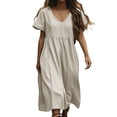 thumbnail image 3 of Linen Dresses for Women Short Sleeve Vintage Boho Dresses V Neck Solid Color Causal Summer Beach Vacation Maxi Dresses, 3 of 7