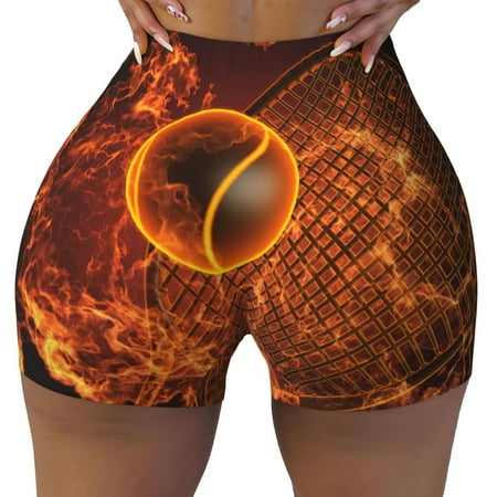 Workout Shorts Women  Tennis Racket In Fire Biker Shorts for Women Running Gym Spandex Shorts Tummy Control