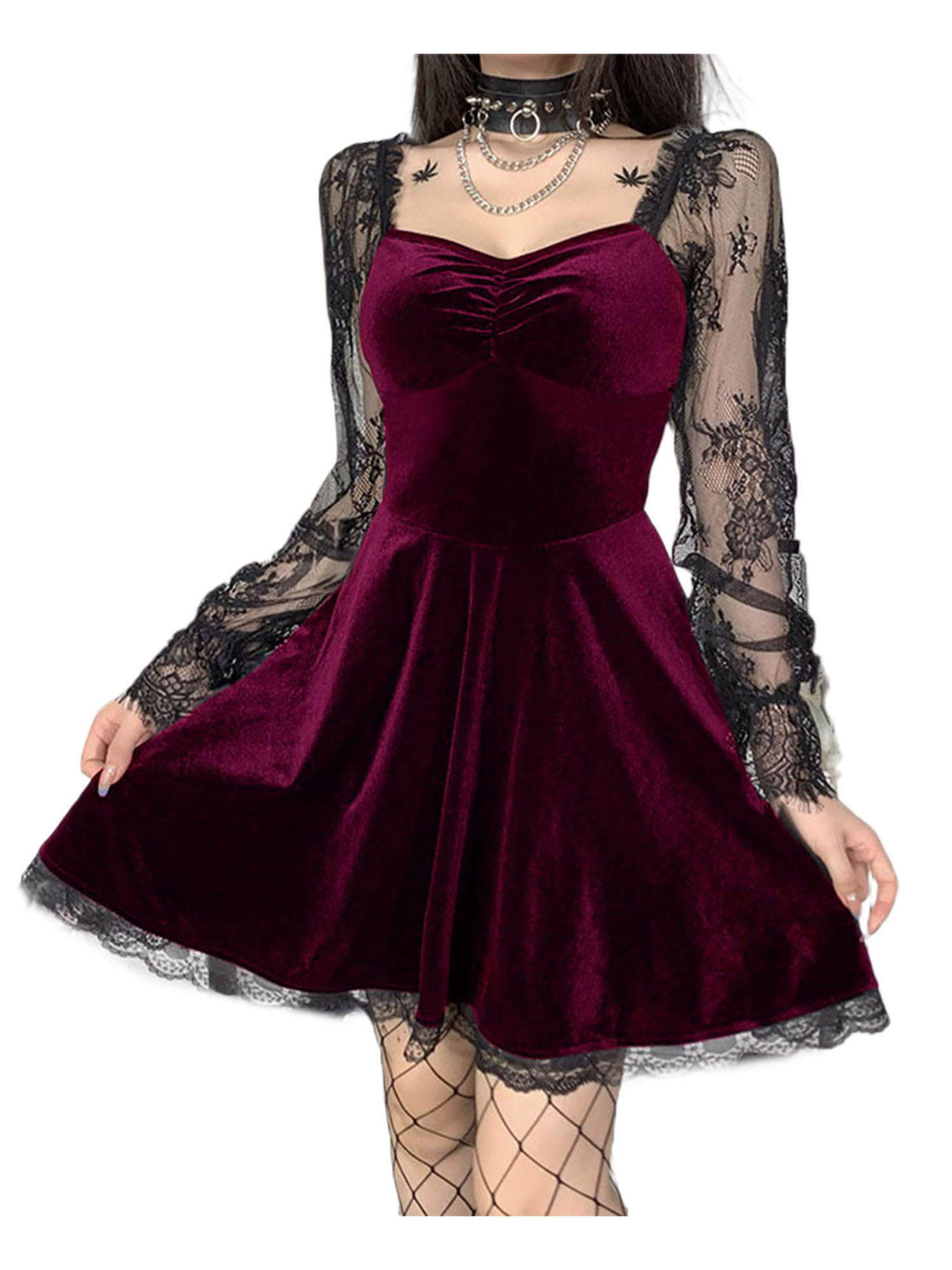 Gwiyeopda Women Halloween Vintage Dress Sweetheart Neckline Mesh Long Sleeve High Waist Solid