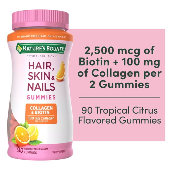 Nature's Bounty Hair Skin and Nails Vitamin with Collagen and Biotin, Women's Multivitamin, Tropical Citrus Gummies, 90 Ct