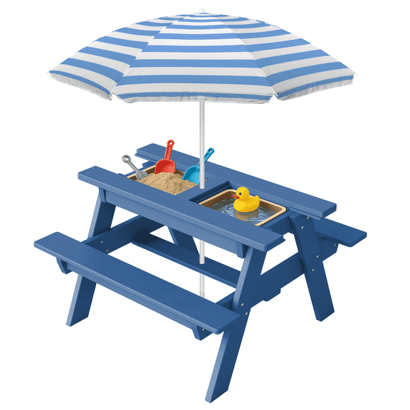 FOOWIN HDPE Kids Picnic Table, 3 in 1 Outdoor Convertible Sand & Water Table with Removable Tabletop, Kids Outdoor Table for Backyard Patio Play, Navy Blue