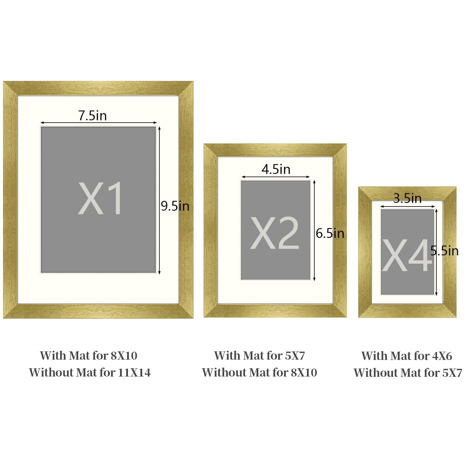 Golden State Art Gallery Wall Frames 11x14, 8x10, 5x7 Matted Photo Frames, Gold, Set of 7