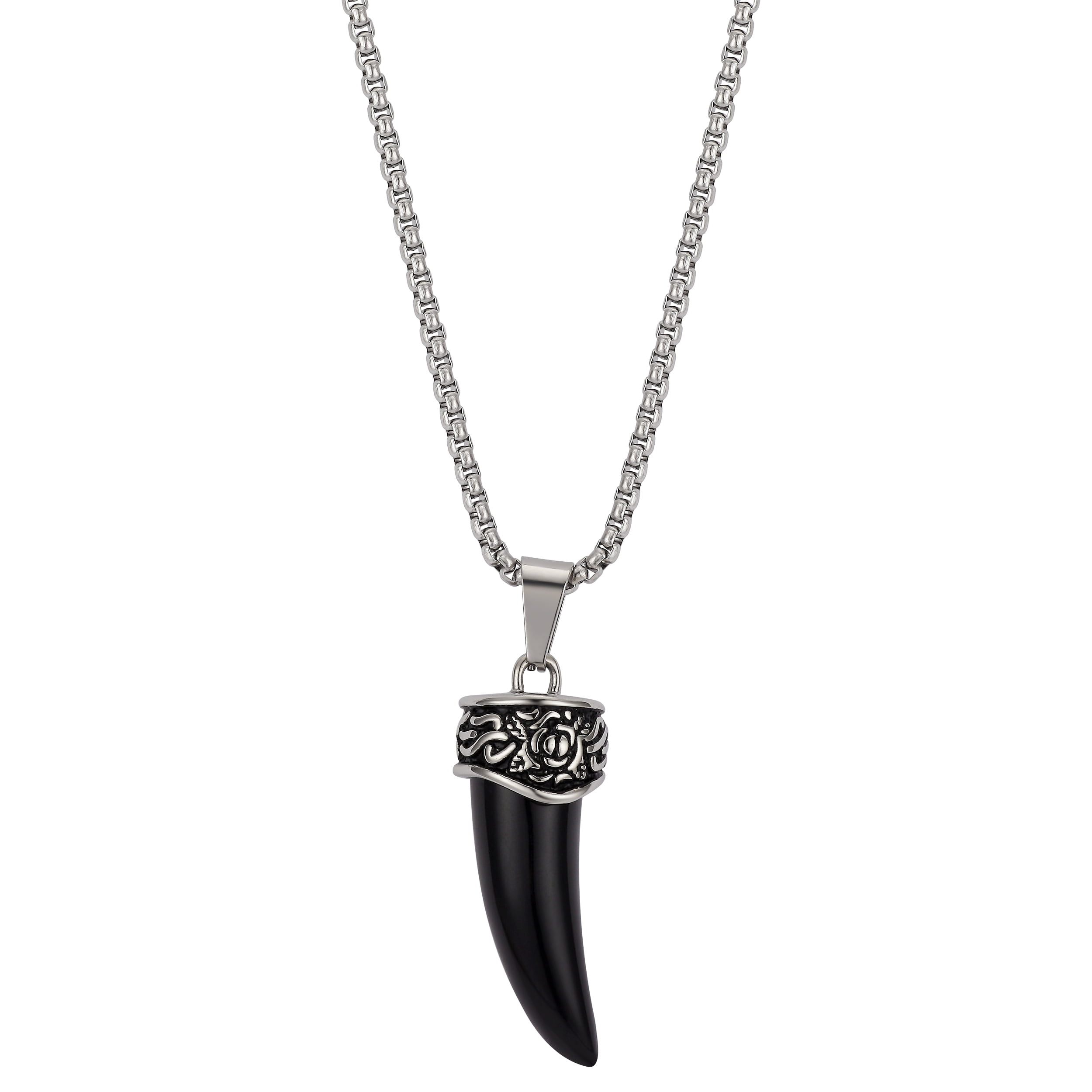 Stainless Steel Black Tooth Pendant Necklace, 24' Length