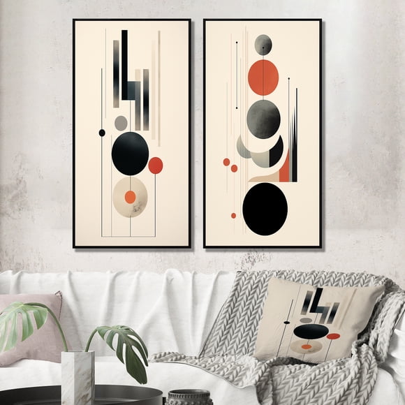 Designart "Waning Moon Retro Circles IV" Modern Geometric Framed Wall Art Set Of 2 - Modern Red Framed Wall Art Set Of 2