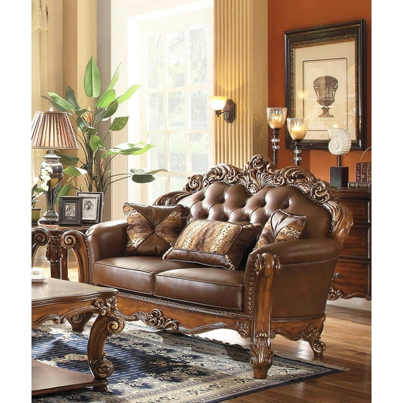 Cherry PU & Carved Wood Tufted Loveseat Vendome-52002 Acme Vintage Traditional