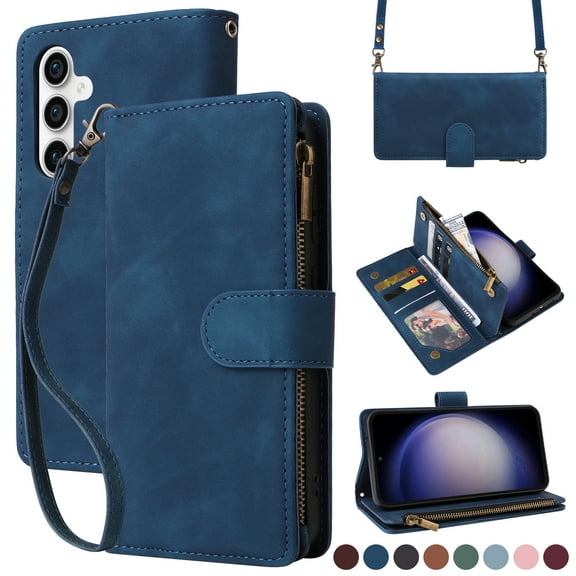 Dteck for Samsung Galaxy S23 FE Wallet Case, Crossbody Phone Purse with Card Holder for Women Men, Soft PU Leather Zipper Carry Cover with Shoulder Strap for Samsung Galaxy S23 FE 5G,Blue