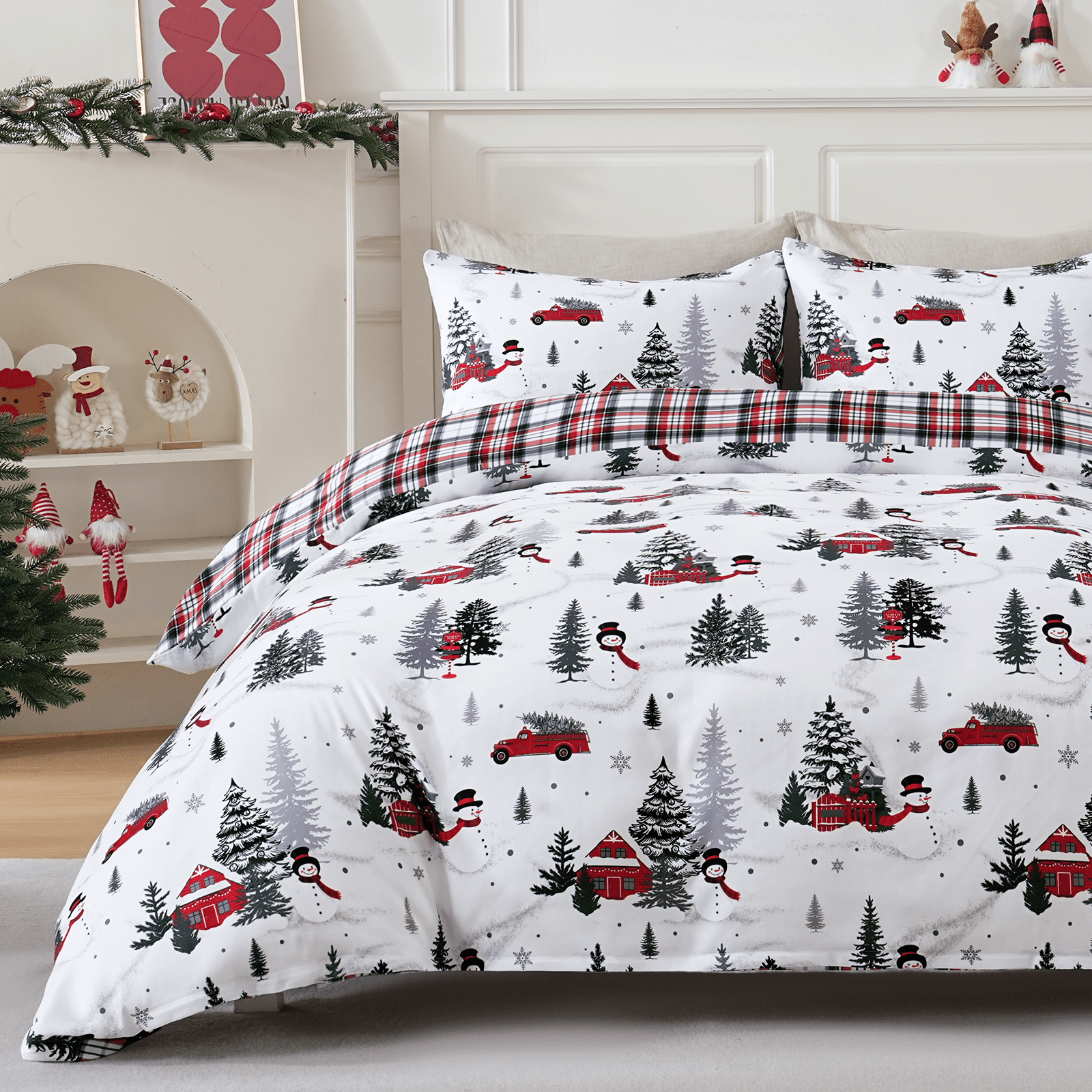 BLEUM CADE Duvet Cover Set Christmas Tree Snowflake Plaid Set Festive 3 - Piece with Pillow Cover, Soft Microfiber for Home Bedroom Set, Holiday Season Theme