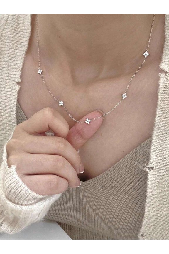 Silver Floral Station Collarbone Chain Necklace With Clear Zirconia Accents