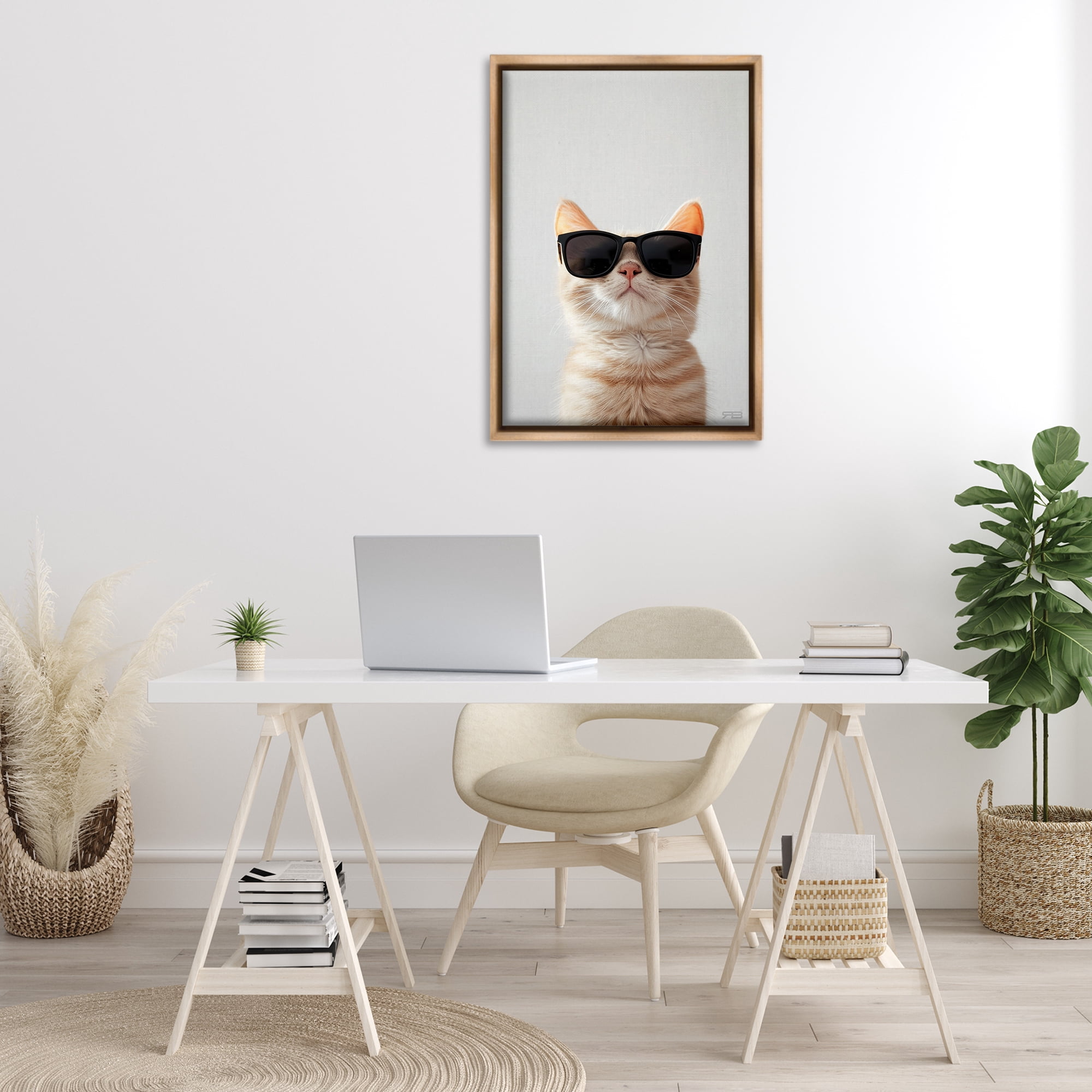 Stupell Industries Cool Sunglasses Cat Animals & Insects Painting Brown Floater Framed Canvas Art Print Wall Art, 21 x 31