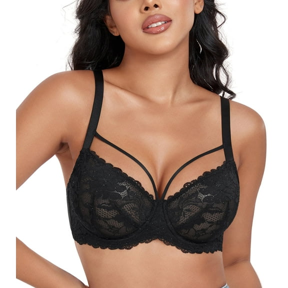 Exerin Women's Sexy Lace Bras Underwire Plus Size See Through Mesh Sheer Bra(32D,Black)