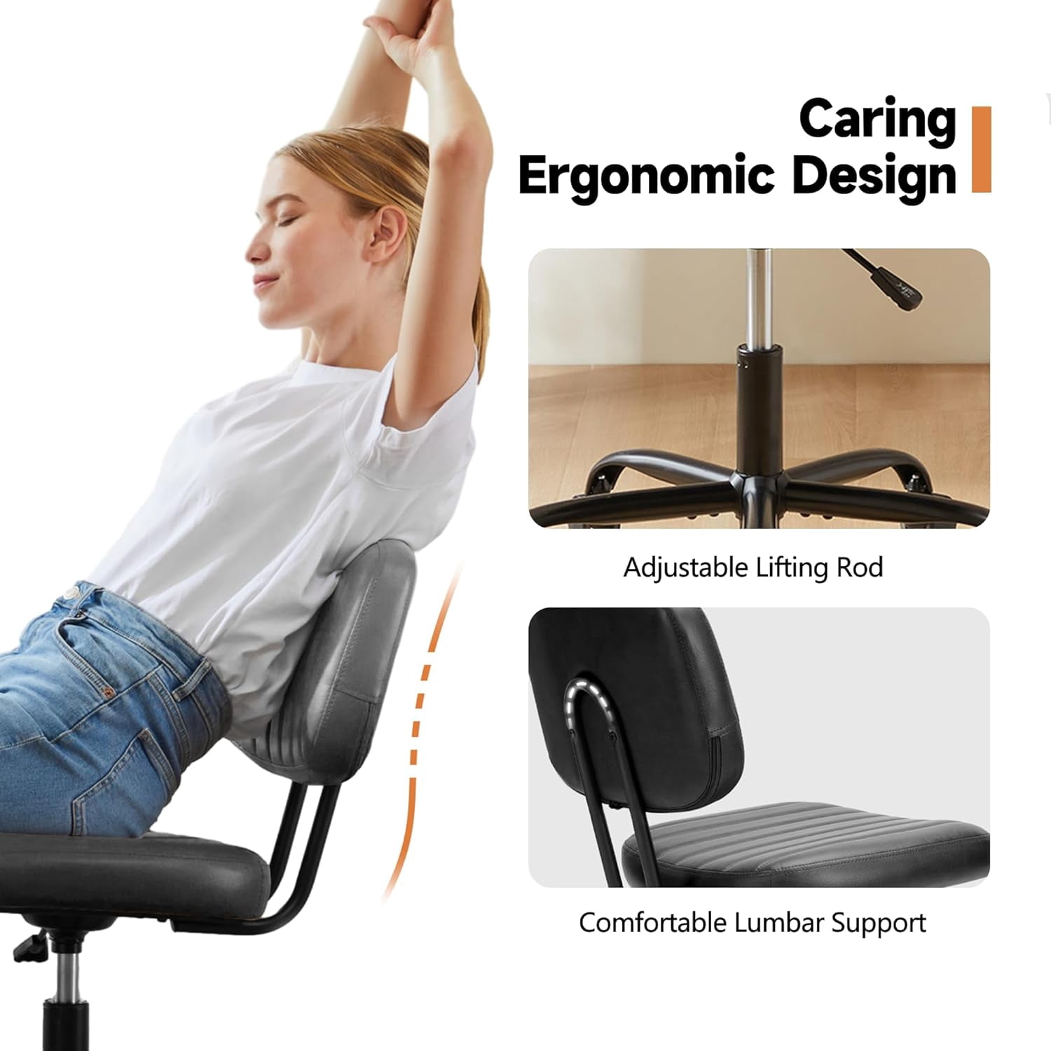 ENYLAY Small Armless Home Office Desk Chair, Ergonomic Cute Chair PU Leather with Adjustable Swivel Rolling Comfy Task Study Chair with Lumbar Support for Adult and Student, Bedroom (Black)