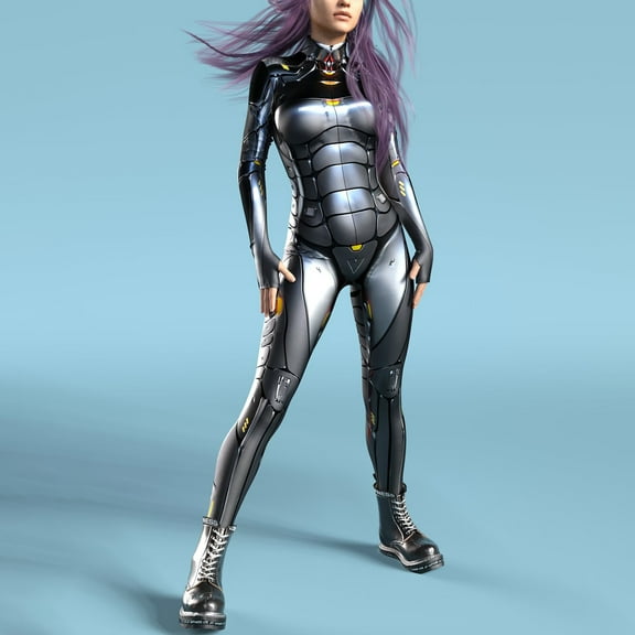 ZAZYULZ Jumpsuits for Women Women Skeleton Robot 3D Printing Bodysuit Zipper Back Halloween Costume Full Body Bodysuit(Black,L)