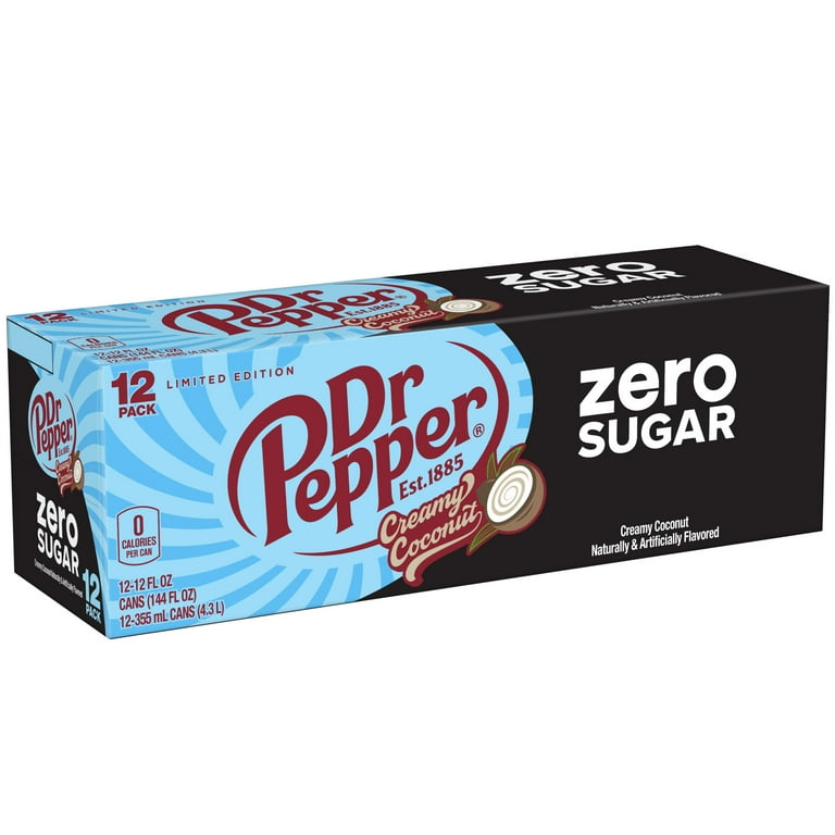 Dr Pepper Zero Sugar Creamy Coconut Soda Pop, 12 fl oz, 12 Pack Cans