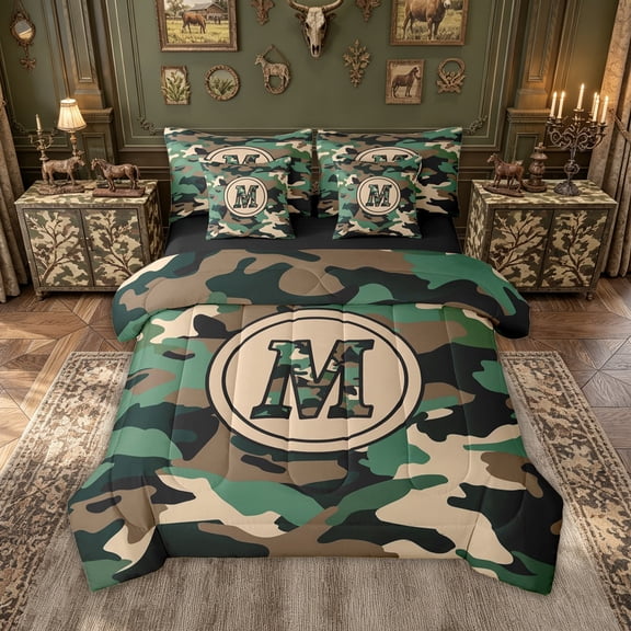 meiyoeat Camo Letter M Twin Bedding for Boys, Vintage Camouflage Bedding Comforter Set for Bedroom, Green, Black Reversible, 7-Piece