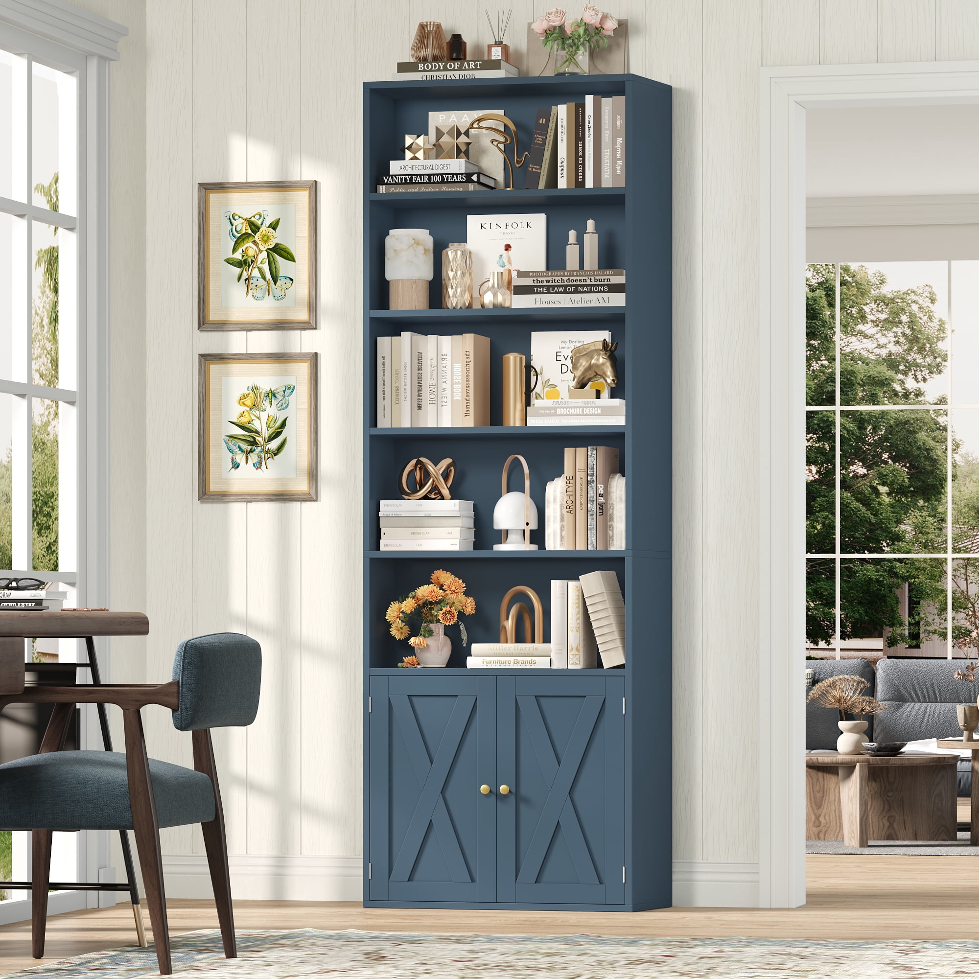 Hiphuta 81.5" Tall Bookcase with Doors, 5-Tier Bookshelves with Storage, 23.6"W Display Shelf with 2 Doors for Home Office, Living Room, Blue