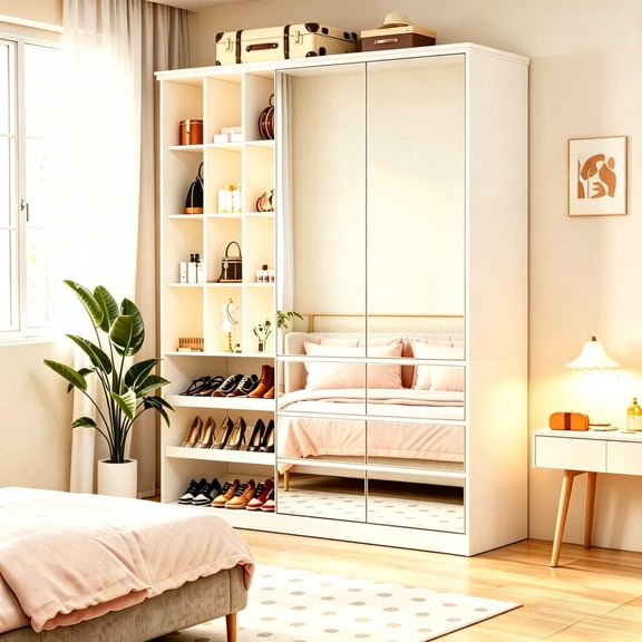 JassmiPkwy 85'' Tall Wardrobe with Mirror Doors,Shoe Storage Racks and Open Storage Shelf,Modern Wooden 2 Doors & 3 Drawers Closet for Bedroom, White