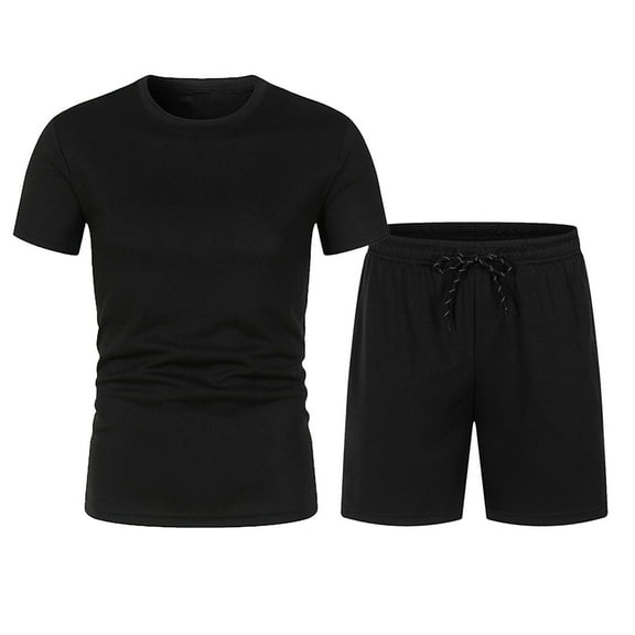 USNSM Men's Quick Dry Lightweight Solid Color Mesh Casual Running Fitness Sports Pocket Drawstring Shorts Round Neck Short Sleeve Top Set Black XL