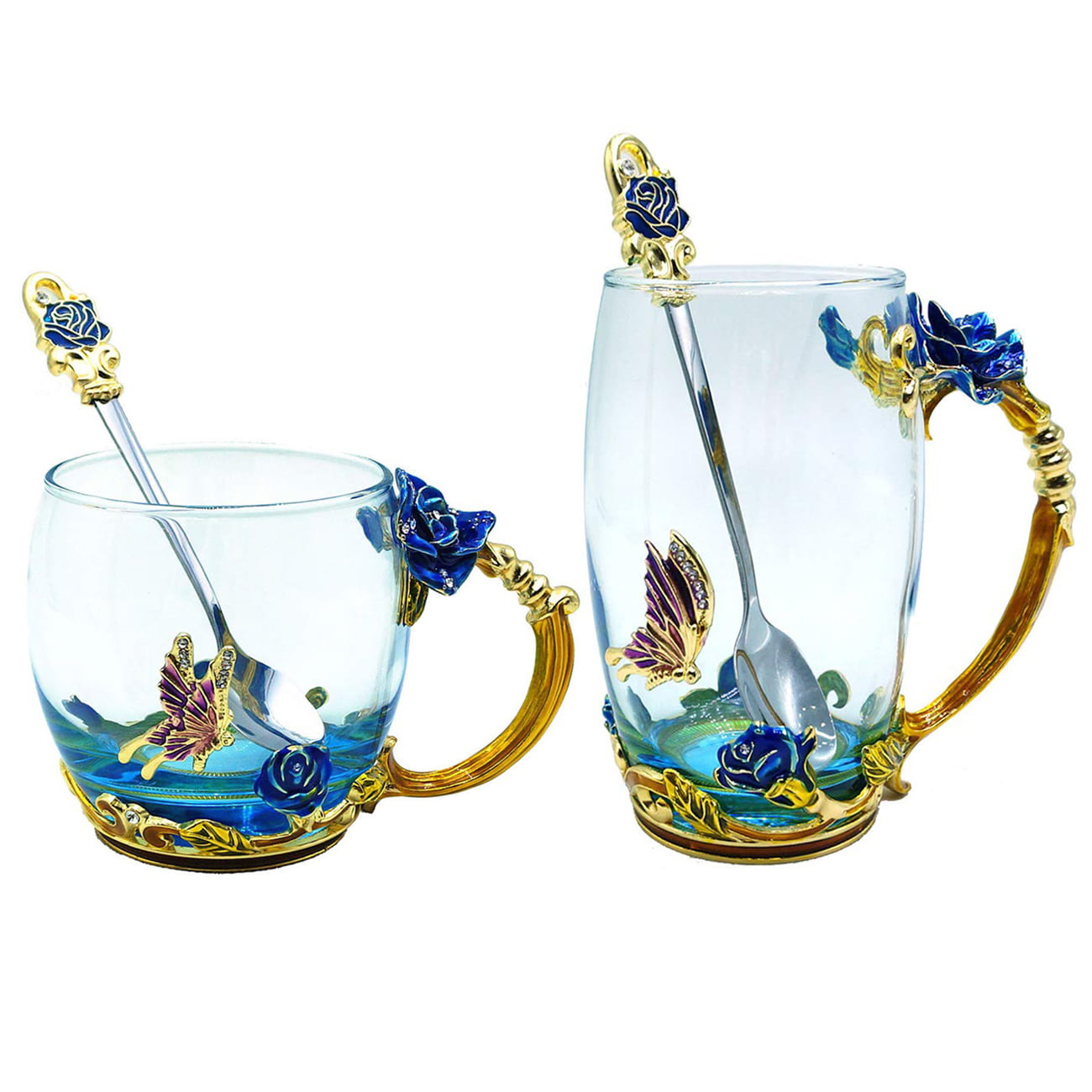 Unique Personalized Birthday Present Ideas for Women Grandma Teachers Coffee Mothers Day Glass Mug Set Lead-Free Handmade Enamel Butterfly and Blue Rose Flower Tea Cups with Handle Blue-Short 