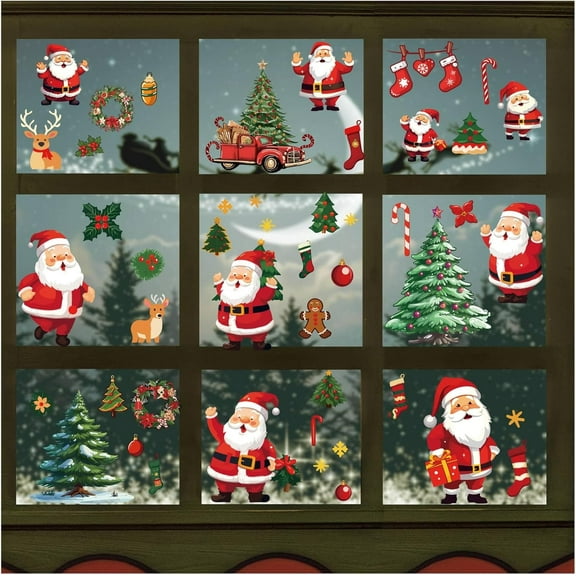 8 Sheets Santa Wall Stickers Christmas Tree Stockings Snowflakes Elk Window Clings Peel and Stick PVC Waterproof Self Adhesive Wall Decals Stickers