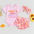 thumbnail image 2 of Bagilaanoe 3pcs Newborn Baby Girl Shorts Set Short Sleeve Letter Print Romper Tops + Floral Shorts + Headband 3M 6M 12M 18M Infant Casual Summer Clothes, 2 of 8