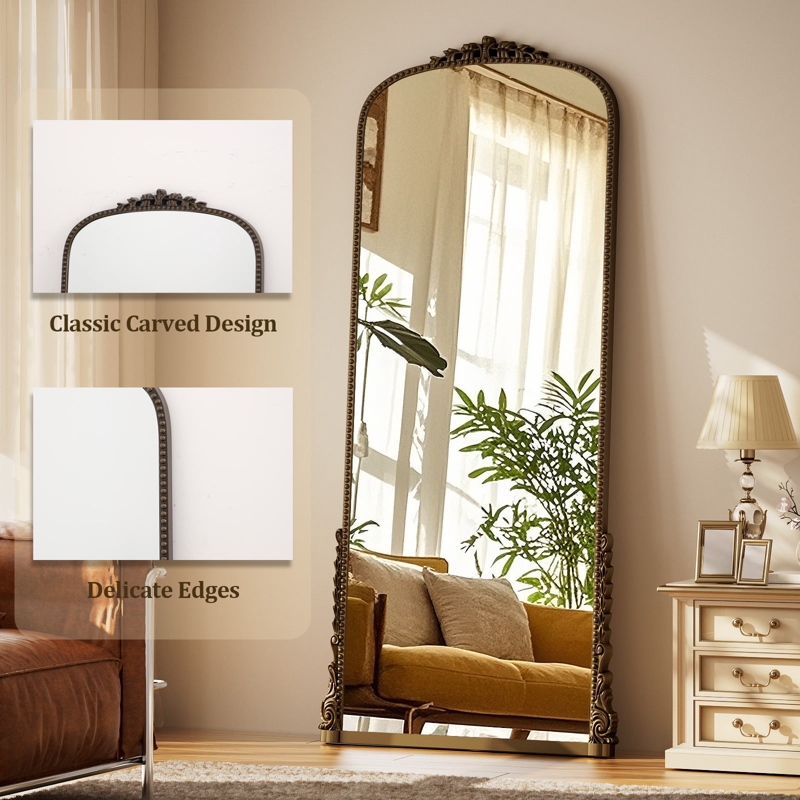 ‌Auromir‌ 32"x71" Antique Full Length Arched Mirror Traditional Baroque Floor Vintage Mirror,Antique Bronze