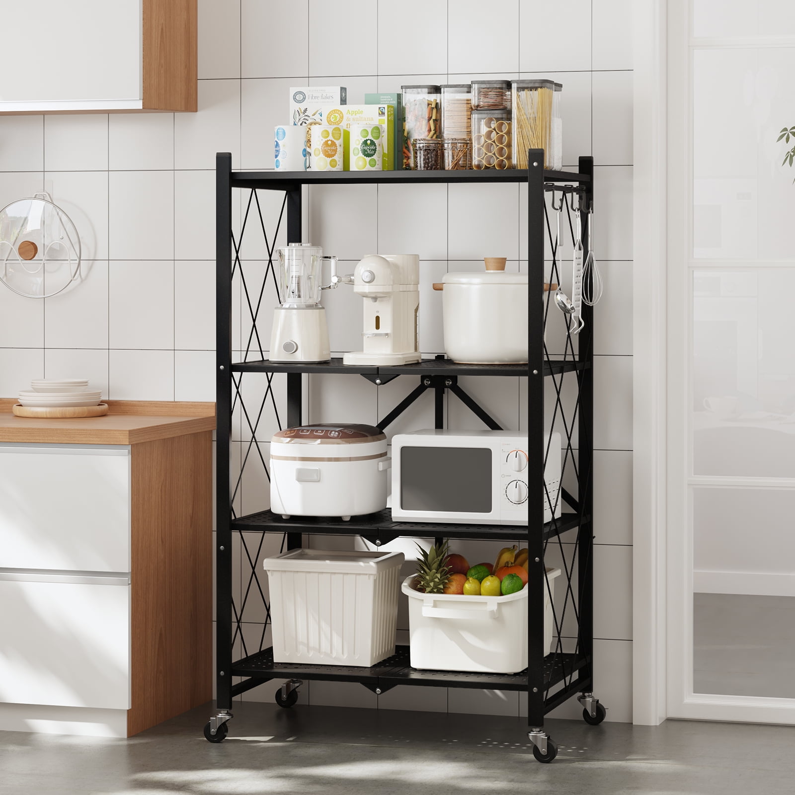 SUGIFT 4-Tier Foldable Metal Storage Shelf with Wheels, No Assembly, Heavy-Duty Organizer (600 lbs), Black