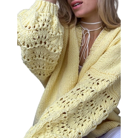 Womens Crochet Sweater Long Sleeve Hollow Out Open Front Outwear Yellow L