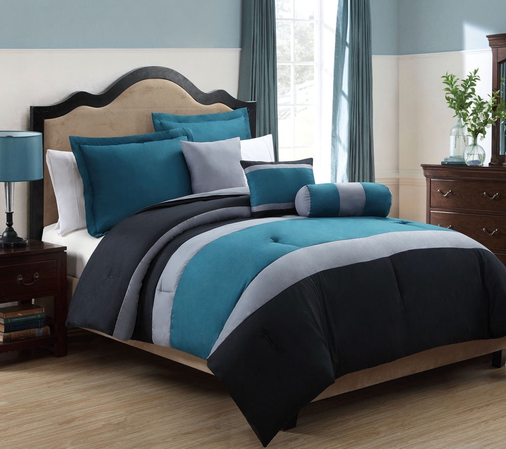 6 Piece Tranquil Teal And Gray Comforter Set Walmart Com