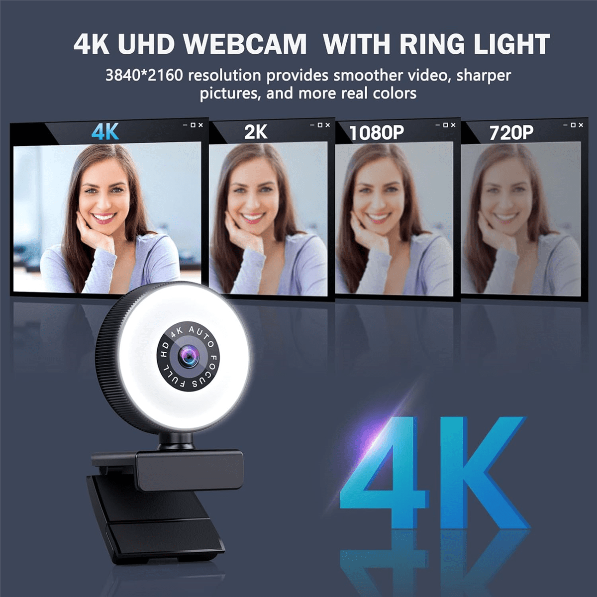 4K HD Autofocus Webcam with Microphone, Adjustable Light Computer Camera USB Webcam for Laptop Desktop Video Calling