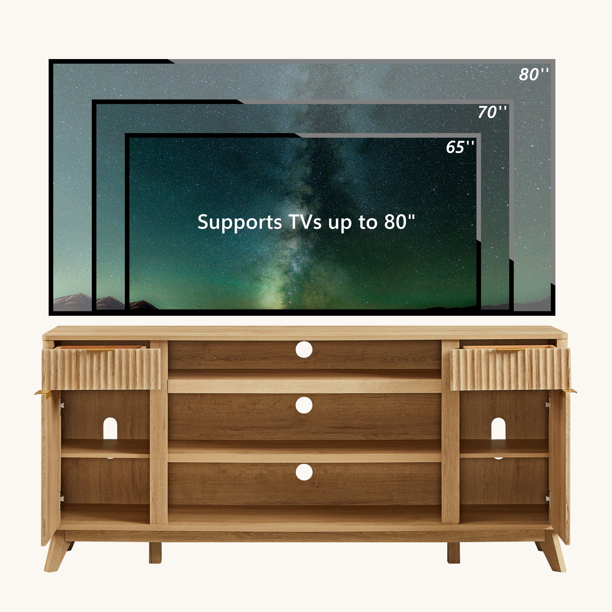 KeyWhat 70" Mid-Century Modern TV Stand for 75" TV, Fluted Doors, Drawers & Adjustable Shelves