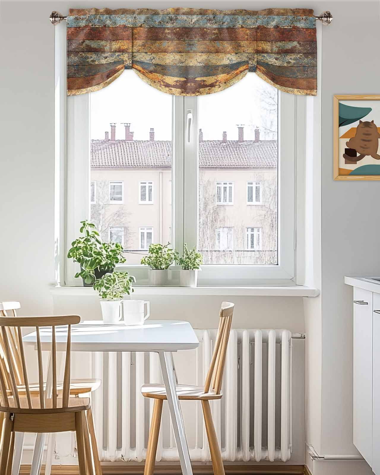 Vintage Striped Tie Up Valances Curtain, Rust Mottled Texture Distressed Kitchen Valances for Windows Decor, Rod Pocket Short Curtains Set for Bedroom/Bathroom, 54"x18"