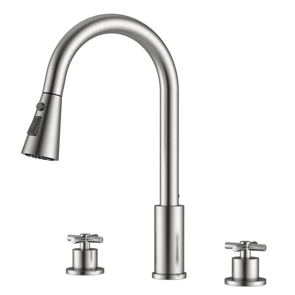 APPASO Brushed Nickel Kitchen Faucet, 2-Handle 3-Hole High Arc Gooseneck Faucet with Pull-Out Sprayer, 3 Spray Modes