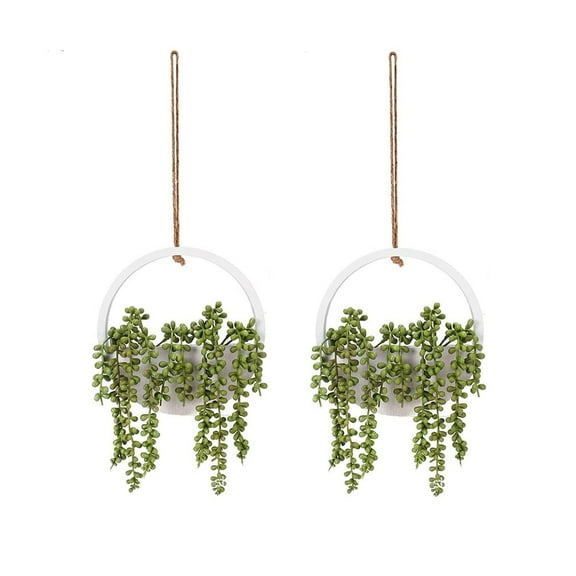 2pcs Artificial Hanging Succulent Plants, Fake String of Pearls in Pot with Lanyard Boho Wall Decor for Bathroom Living Room Home Indoor Outdoor Decorations, White