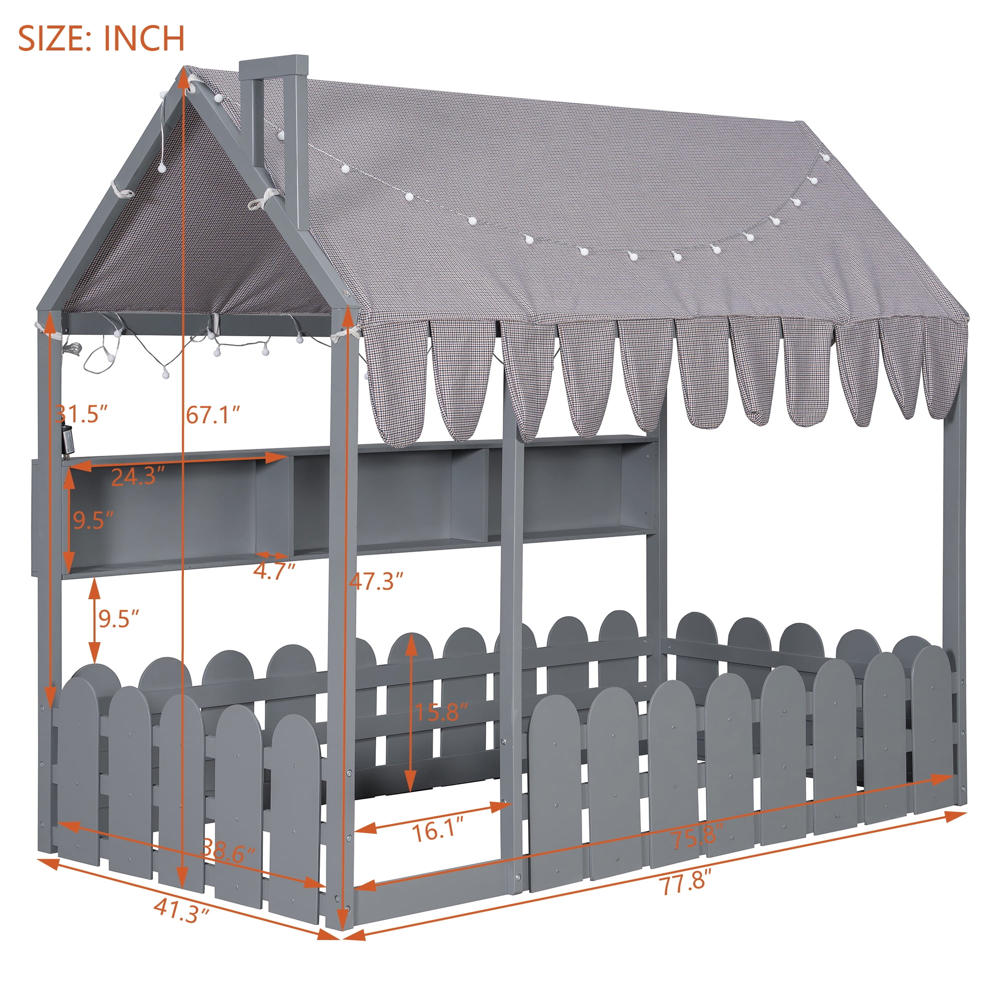 Aukfa Twin House Bed with Fence and Tent for Kids, Wooden Montessori Bed with LED Lights & Storage Shelves for Toddler Boys and Girls Bedroom, Gray